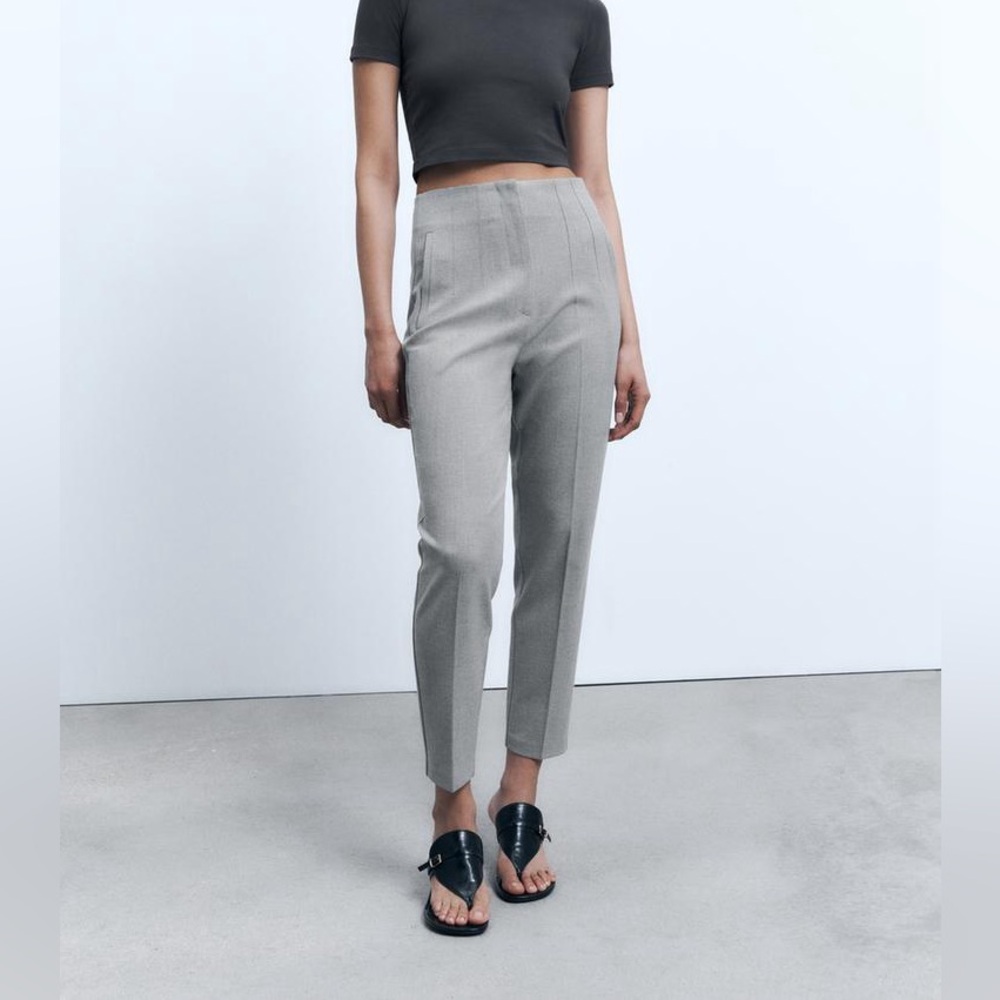 Zara High-Waisted Pants - Light Grey with Pleats